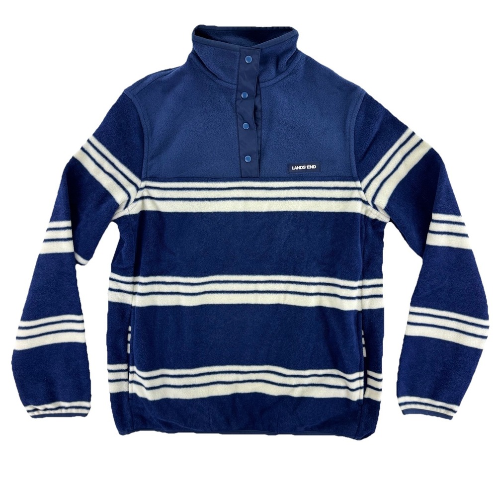Lands End Regular Heritage Fleece Snap Neck Pullover Sweater XS Blue White